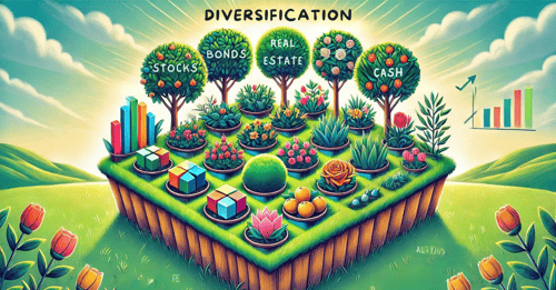 A vibrant landscape illustration of a diversified investment portfolio depicted as a thriving garden. The garden contains various types of plants and flowers representing different asset classes such as stocks, bonds, real estate, and cash.