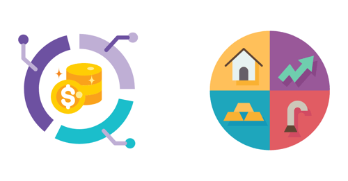 A circle chart with coins in the middle and a circle split into quadrants with various financial icons.