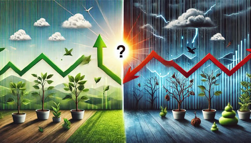 Image illustrating sequence of returns risk: positive outcome with growth and sunny sky on the left, negative outcome with decline and stormy sky on the right, uncertainty in the center.