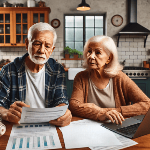 Retired couple sitting at kitchen table considering the impact of Required Minimum Distributions on their retirement plan and investments.