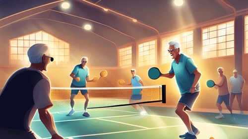 Retirees playing pickleball in a gym.